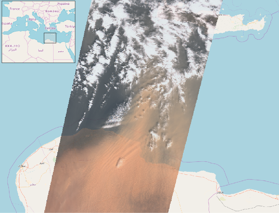 Figure 1 Composition colorée en couleur réelle issue d’une image Sentinel-2 du 22 mars 2018 montrant le nuage de poussière au-dessus des côtes libyennes [Crédit : S. Gascoin].