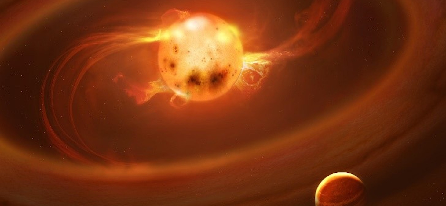 Vue d’artiste des flots de gaz chaud sur l’étoile. La matière du disque protoplanétaire environnant, dans lequel naissent les planètes, est accrétée sur la surface de l’étoile par le champ magnétique à des vitesses supersoniques. © A. Mark Garlick
