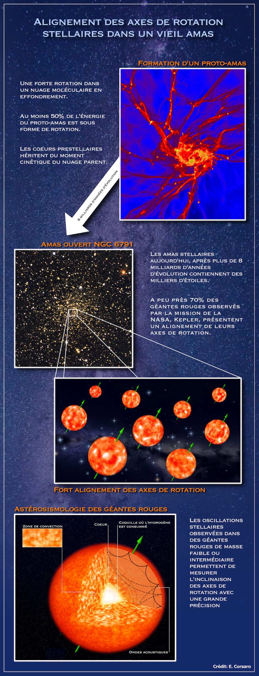 Explication de l’origine de l’alignement des axes de rotation stellaires dans un vieil amas. © E.Corsaro