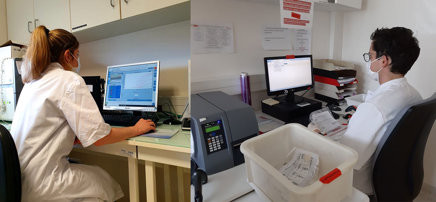 Internes en biologie médicale devant un poste PCR et lors de l'enregistrement des prélèvements Covid.