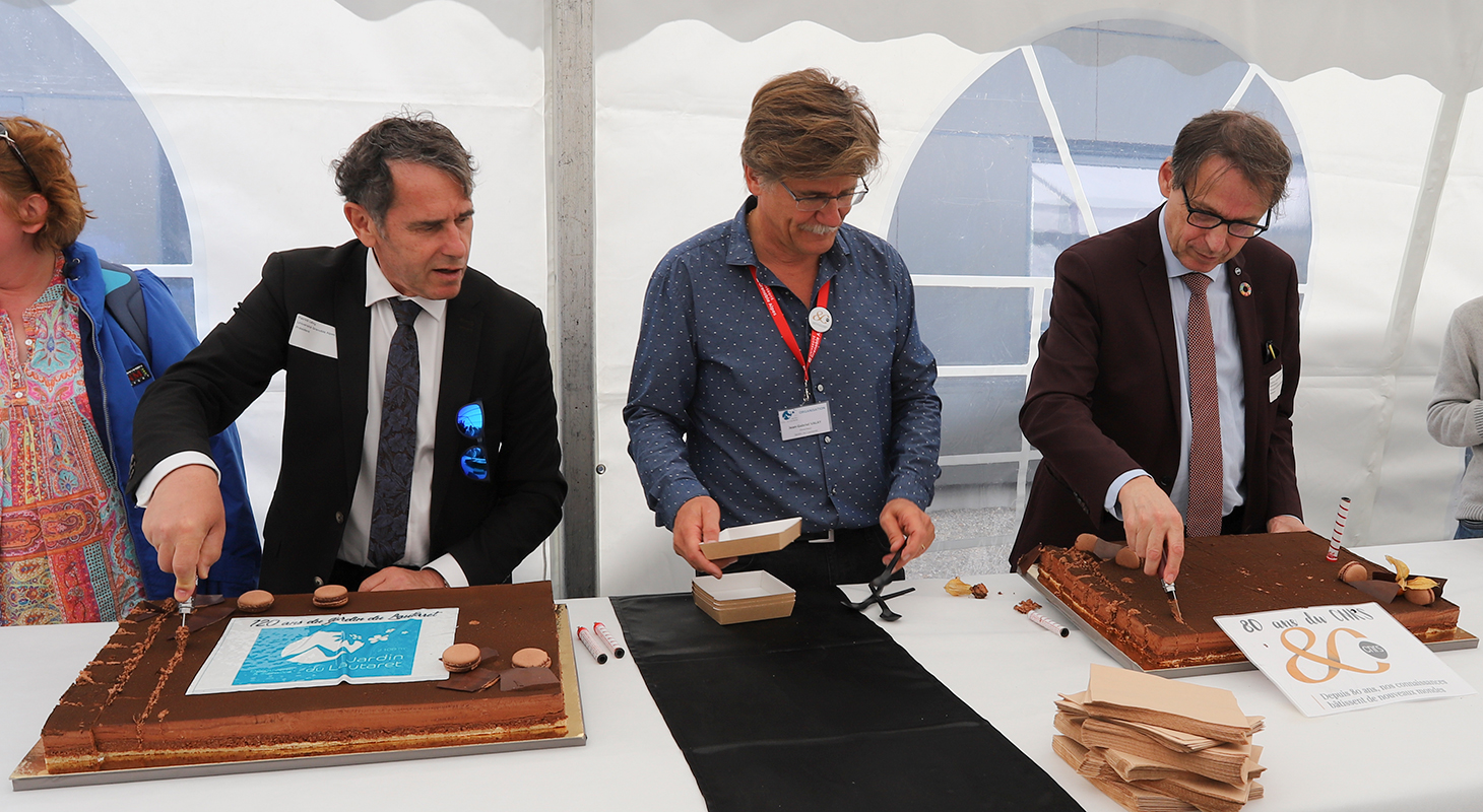 Gâteaux anniversaire des 120 ans du jardin et des 80 ans du CNRS. De g. à d. Patrick Lévy, Jean-Gabriel Valay et Alain Schuhl