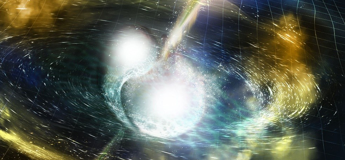 Figure 1 : Vue d'artiste de la coalescence de deux étoiles à neutrons, donnant lieu à l'émission d'ondes gravitationnelles et à un jet de plasma relativiste le long de l'axe de symétrie, précédé d’une onde de choc.  (c) NSF/LIGO/Sonoma State University/A.